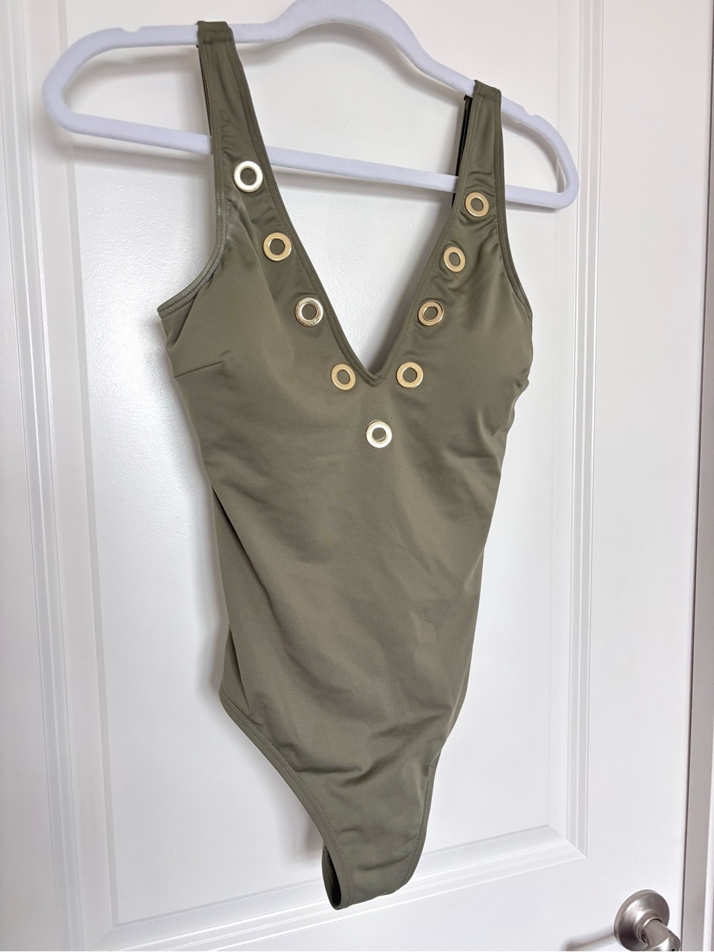 Michael Kors Olive Green Low Back One Piece Swimsuit Plunge Neck Size 10